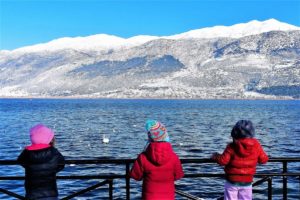 Lake Pamvotis and snowy mountains